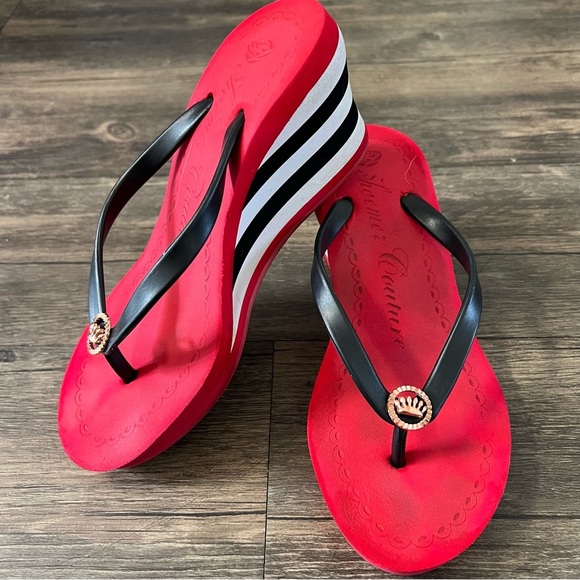 Shoemer Couture Red Black Stripes Platform Wedge Thong Sandals Slides Casual 8 - Picture 8 of 10